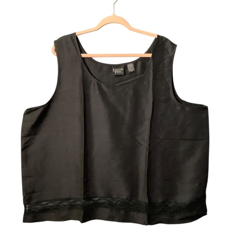Crossing Pointe Women 3X Black Silk Tank Top Blouse Lace Detail NEW NWOT